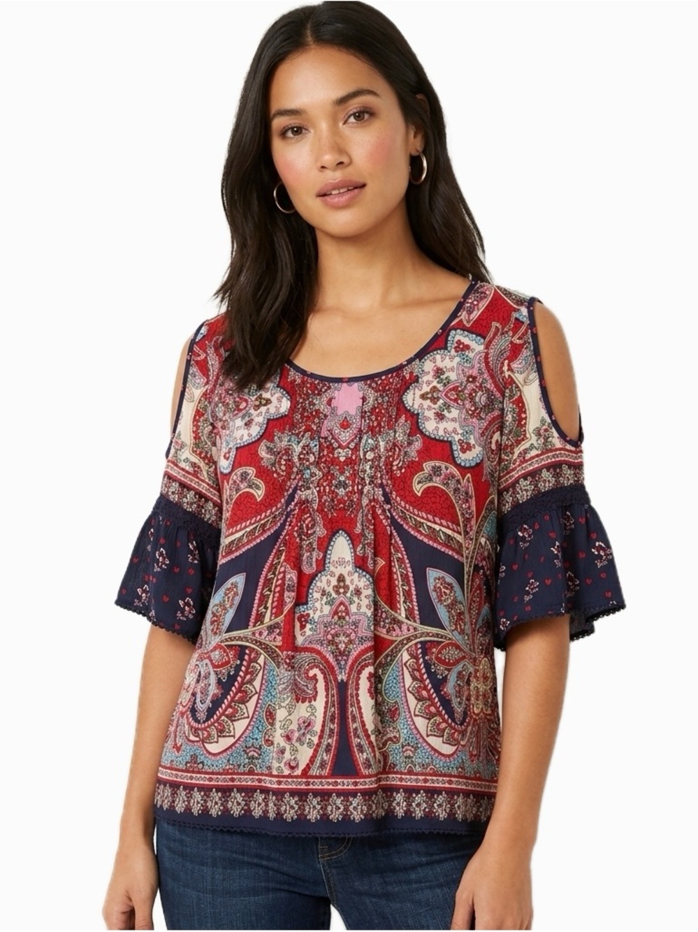 Bila Paisley Cold Shoulder Flutter Sleeve Top